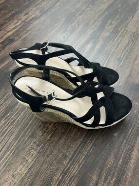 New Look Wedge Sandals Women’s Size 38 Black Strappy 4.5" Wedge Heel 1" Platform